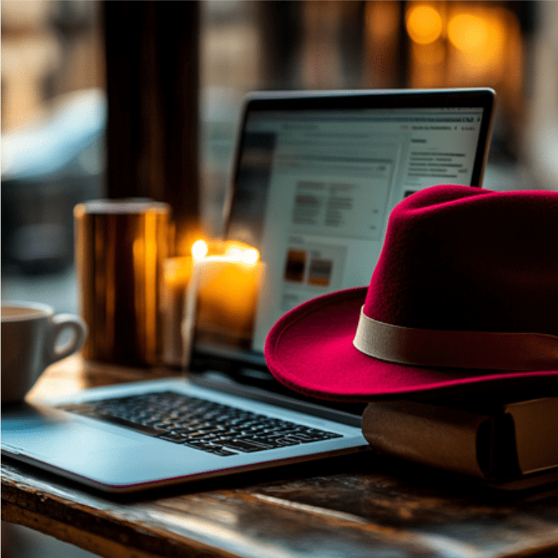 Laptop and hat on a wooden table
