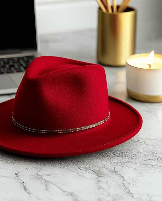 Red hat with candle and laptop