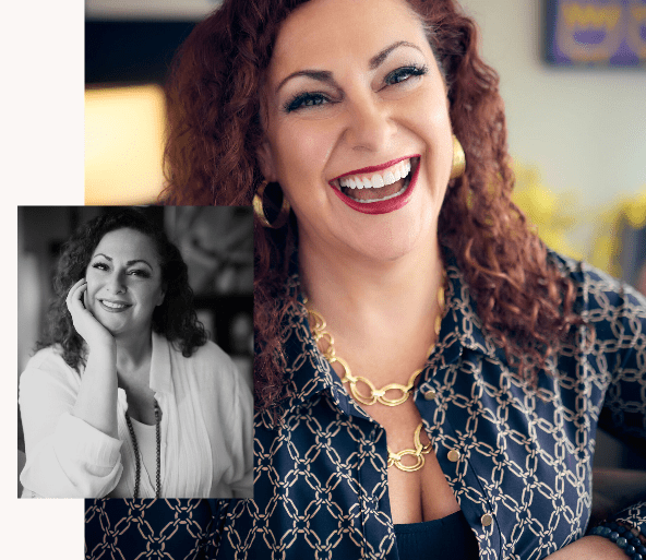 Joyful woman with curly hair, black and white inset.