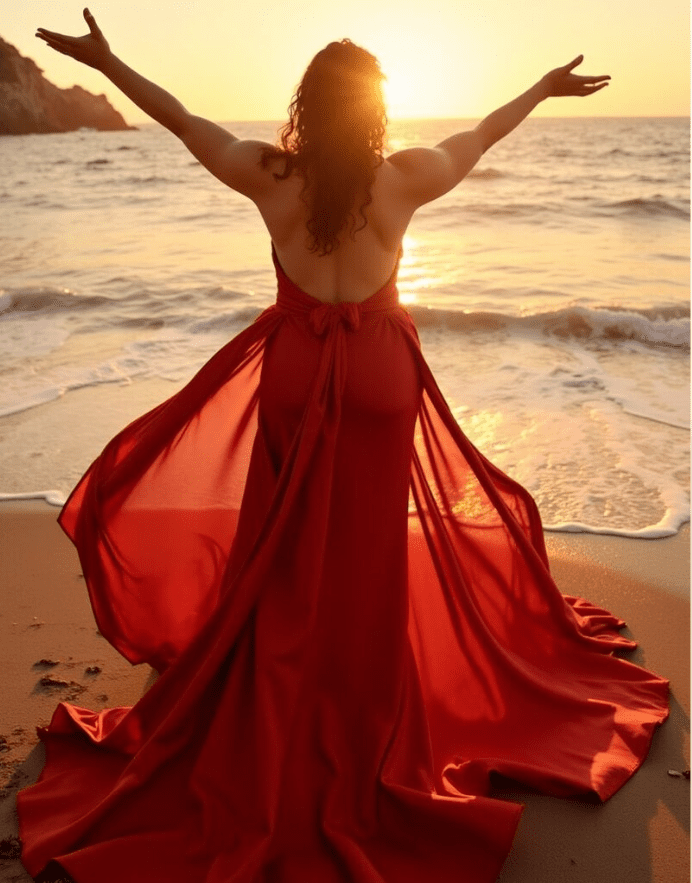 Red gown flowing by the seaside at sunset