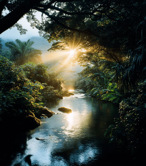 Morning light over tropical river scene