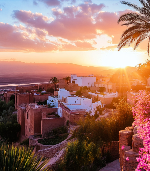 Sunset over a picturesque hillside village