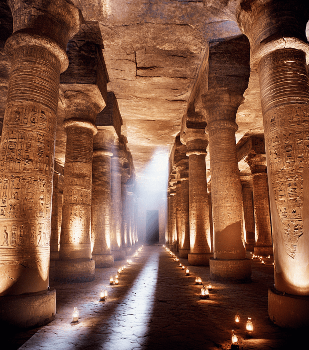 Illuminated Egyptian columns in a temple