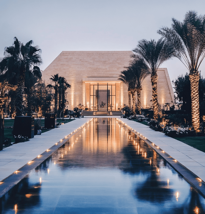 Reflective pool leading to grand entrance