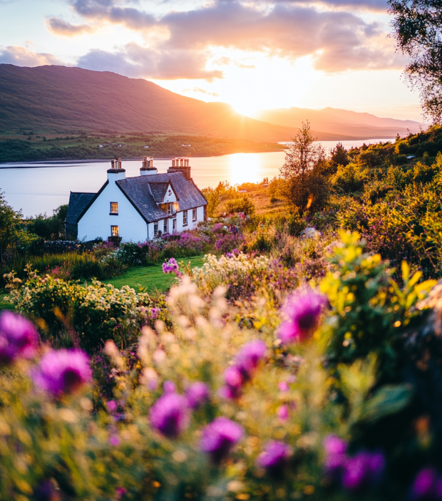Cottage by lake at sunset