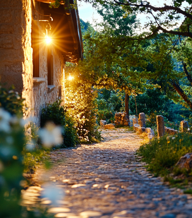 Charming countryside walkway at sunset