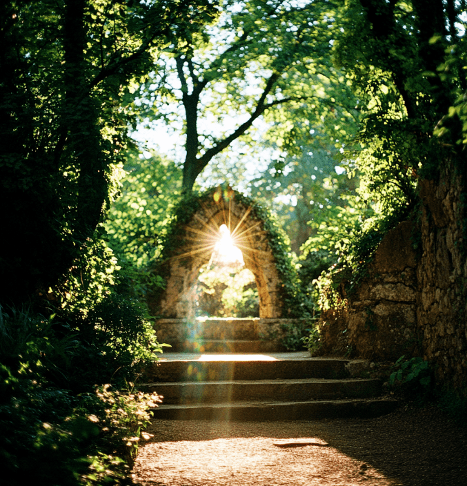 Sunlight through stone archway in forest