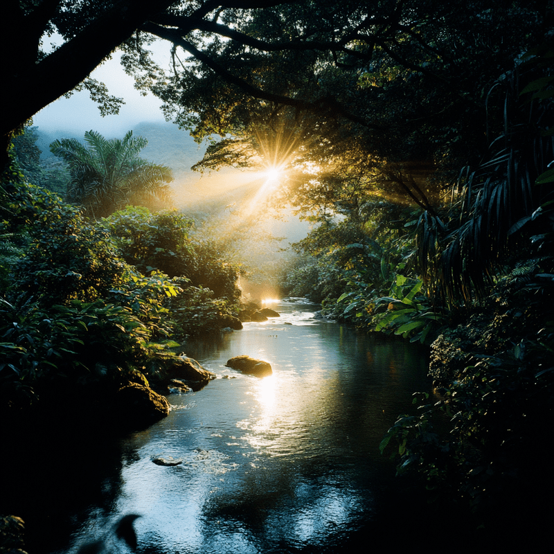 Sunlight streaming through lush forest canopy