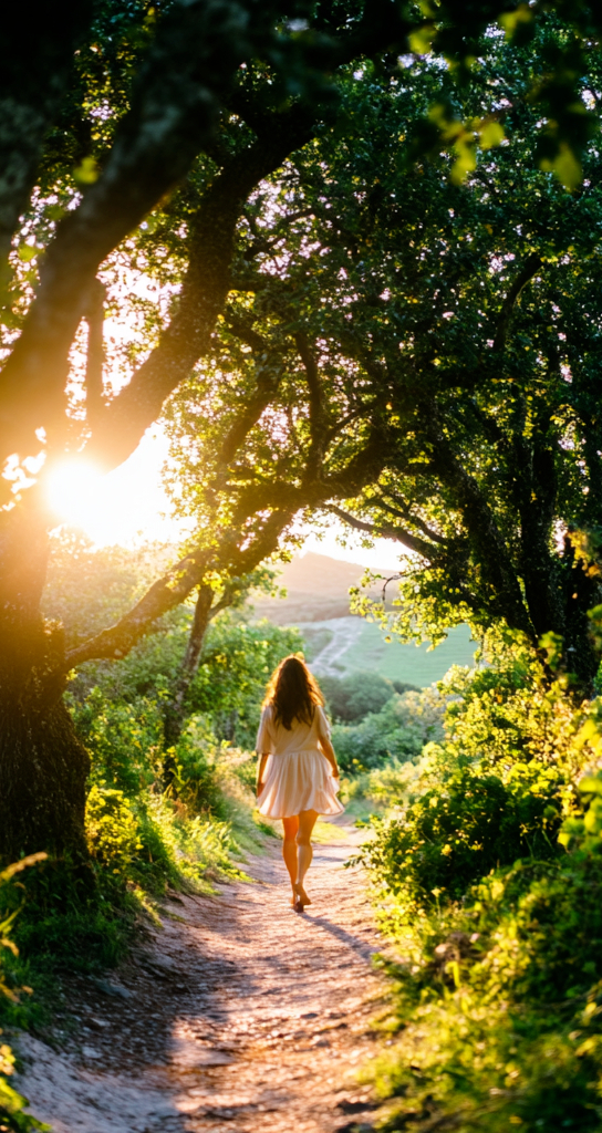 Serene walk in nature during sunset