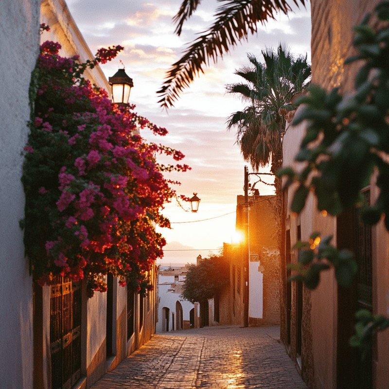 Palm shadows on picturesque evening street