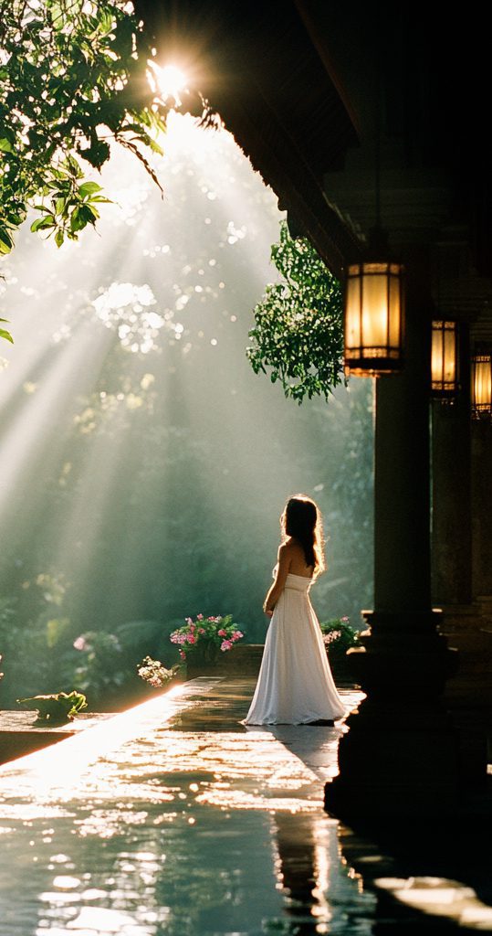 Sunbeams through trees, tranquil scene