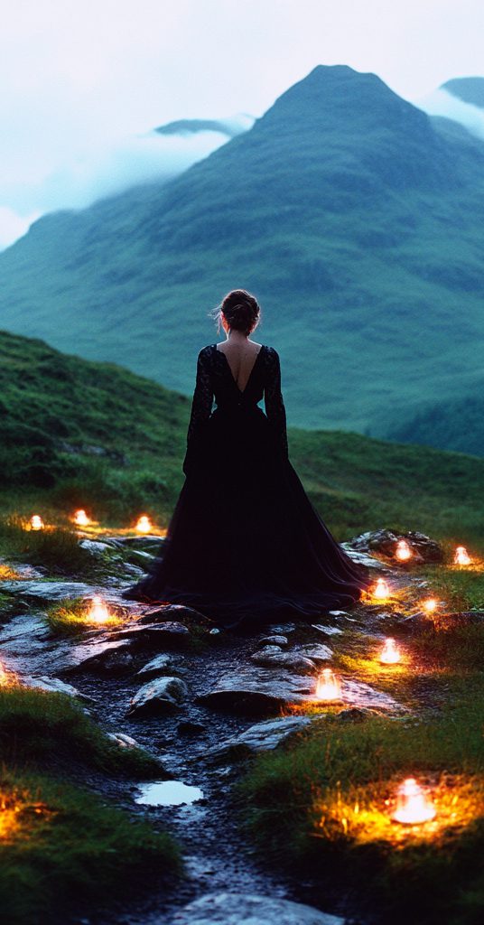 Woman in black dress, mountain background