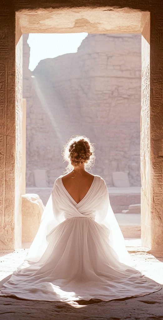 Sunlit figure in ancient stone doorway