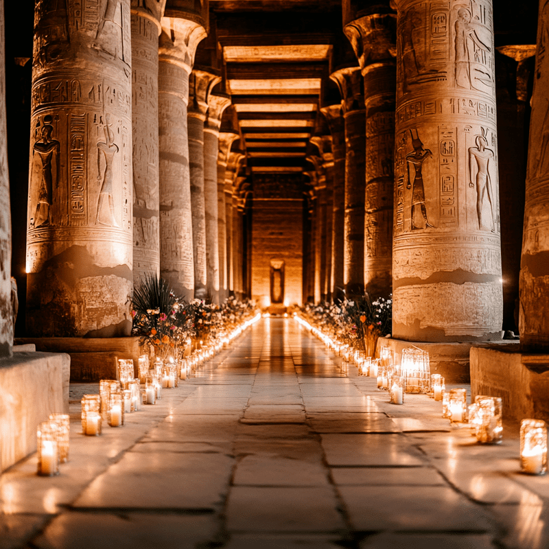 Ancient Egyptian temple with candlelit path