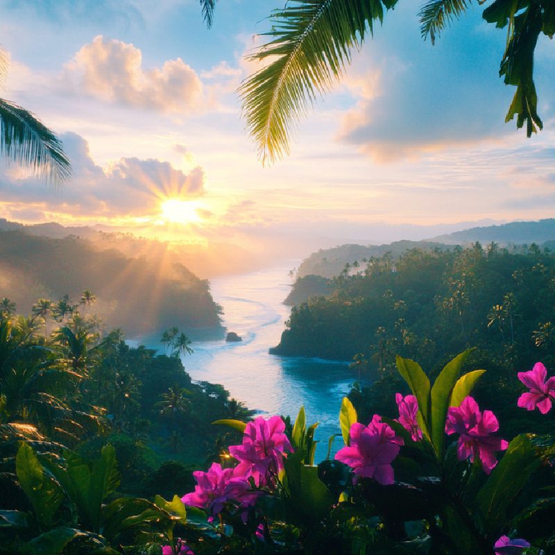 Vibrant flowers with ocean view