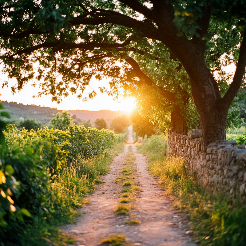 Tree-lined dirt road in evening light