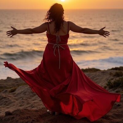 Sunset embrace with flowing dress