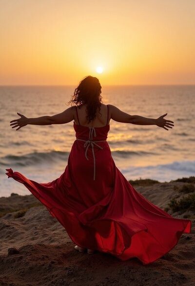 Sunset silhouette of woman by the sea