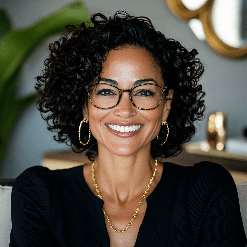 Woman in black top with glasses