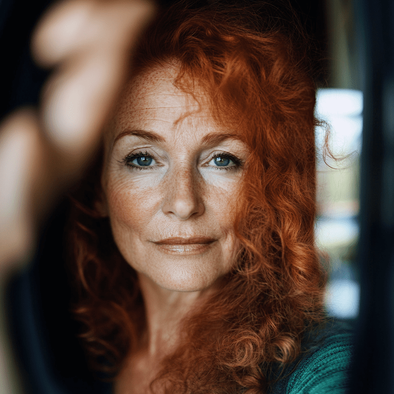 Thoughtful expression with curly red hair