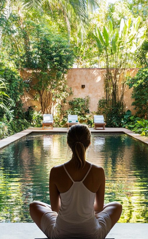 Peaceful garden poolside meditation